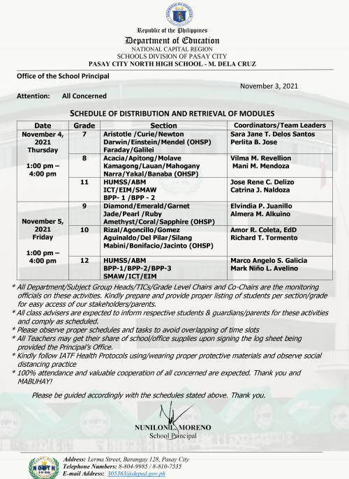 SCHEDULE OF DISTRIBUTION OF MODULES NOVEMBER 45, 2021 PC NHS M DELA CRUZ